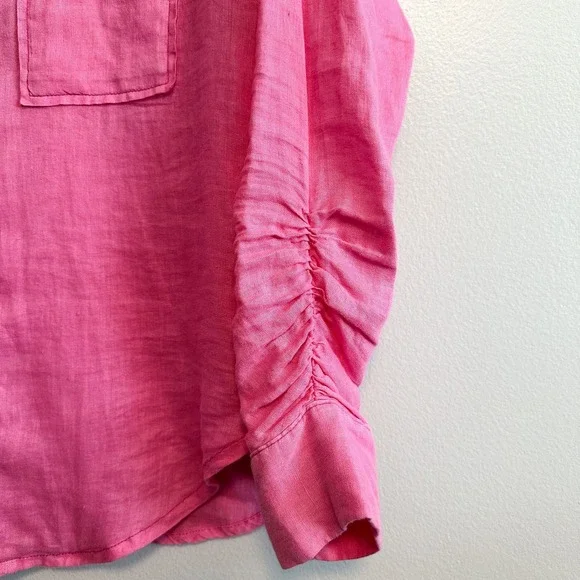 Anthropologie Maeve Linen Ruched Sleeve Button Down Shirt Pink XXS - Picture 8 of 11